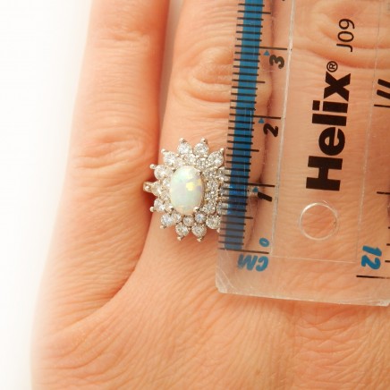 Photo of Opal Cabochon Cubic Zirconia Halo Ring Solid Silver Fine Jewelery