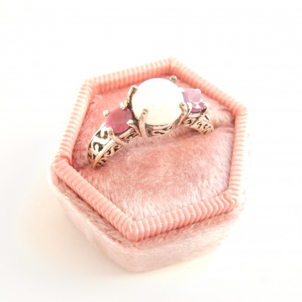 Photo of Opal Cabochon Ruby Trilogy Ring Solid Silver Fine Jewelery