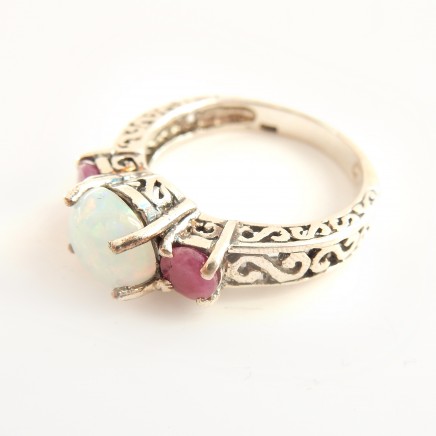 Photo of Opal Cabochon Ruby Trilogy Ring Solid Silver Fine Jewelery