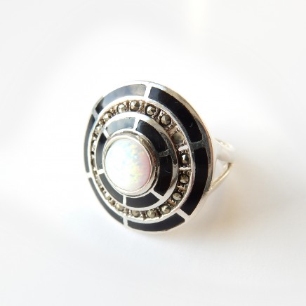 Photo of Opal Enamel Marcasite Target Ring Sterling Silver Statement Ring