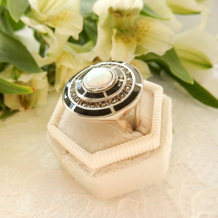 Photo of Opal Enamel Marcasite Target Ring Sterling Silver Statement Ring