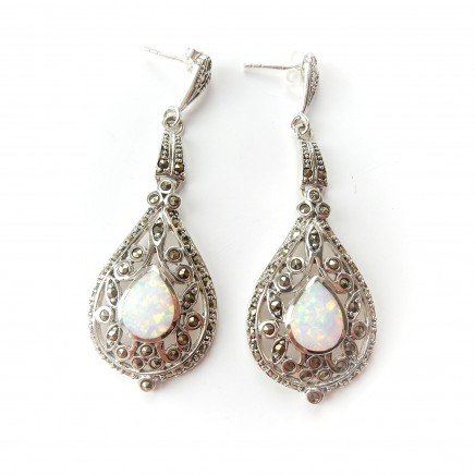 Photo of Opal Filigree Marcasite Droplet Earrings Sterling Silver Fine Jewelry