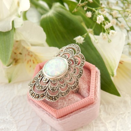 Photo of Opal Marcasite Filigree Dress Ring Solid Silver Fine Jewelery