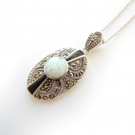 Photo of Opal Onyx Marcasite Pendant Necklace Sterling Silver Chain