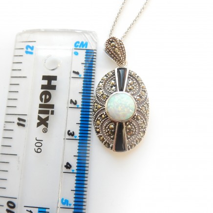 Photo of Opal Onyx Marcasite Pendant Necklace Sterling Silver Chain