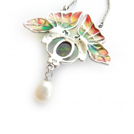 Photo of Opal Pearl Plique a Jour Enamel Dragonfly Necklace Solid Silver