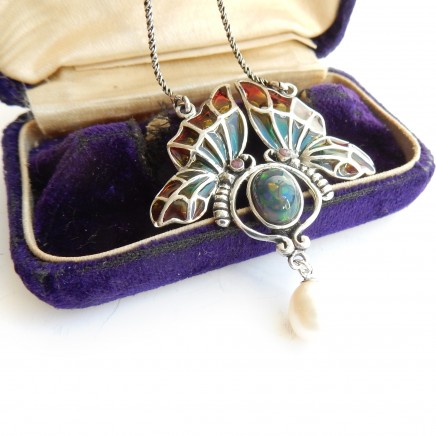 Photo of Opal Pearl Plique a Jour Enamel Dragonfly Necklace Solid Silver