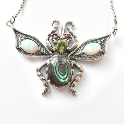 Photo of Opal Peridot Abalone Shell Bug Insect Necklace Sterling Silver