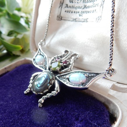 Photo of Opal Peridot Abalone Shell Bug Insect Necklace Sterling Silver