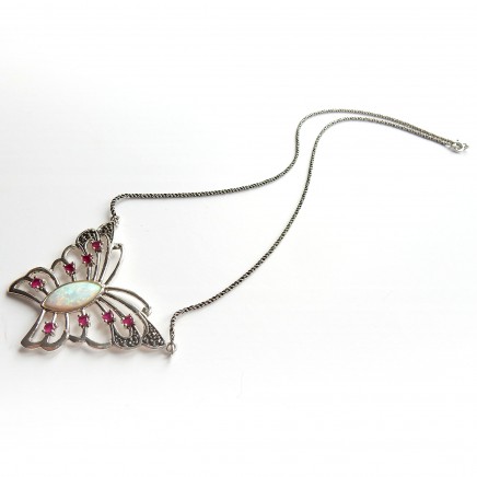 Photo of Opal Ruby Butterfly Marcasite Necklace Sterling Silver October Birthstone