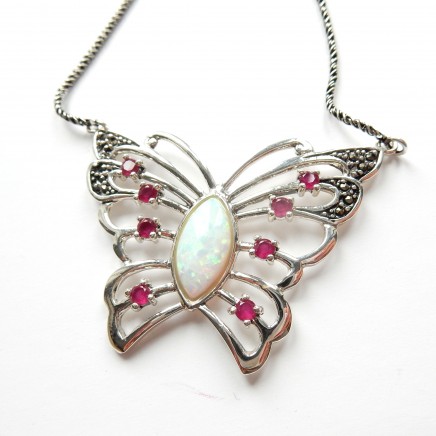 Photo of Opal Ruby Butterfly Marcasite Necklace Sterling Silver October Birthstone