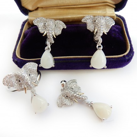 Photo of Opal Sterling Silver Elephant Jewelery Set Ring Earrings Pendant