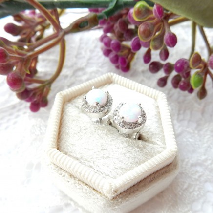 Photo of Opal Sterling Silver Stud Earrings Cubic Zirconia October Birthstone