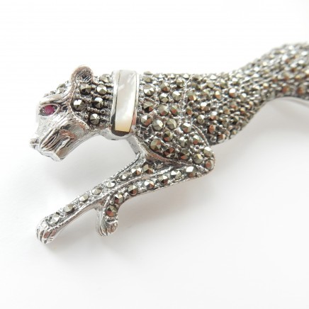 Photo of Oversized Marcasite Pearl Cheetah Wild Cat Brooch Solid Silver Fine Deco Jewelery