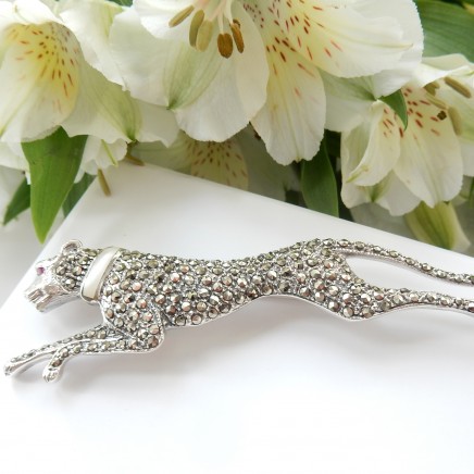 Photo of Oversized Marcasite Pearl Cheetah Wild Cat Brooch Solid Silver Fine Deco Jewelery