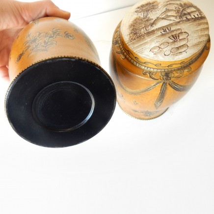 Photo of Pair Chinese Toleware Tea Caddy Canister Tin Hand Painted Yellow Gold Metal