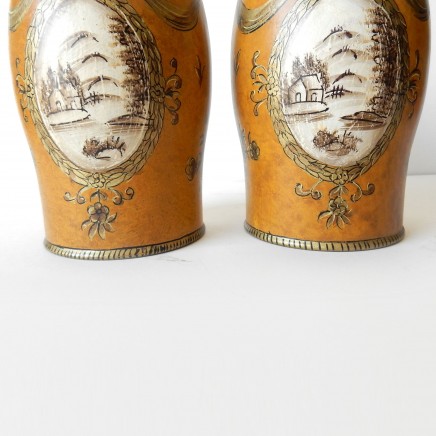 Photo of Pair Chinese Toleware Tea Caddy Canister Tin Hand Painted Yellow Gold Metal