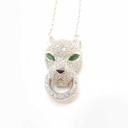 Photo of Panther Wild Cat Leopard Cubic Zirconia Emerald Glass Necklace Sterling Silver