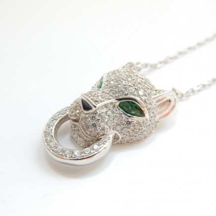 Photo of Panther Wild Cat Leopard Cubic Zirconia Emerald Glass Necklace Sterling Silver