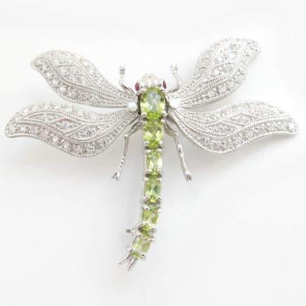 Photo of Peridot Ruby Cubic Zirconia Dragonfly Brooch Solid Silver Fine Jewelery