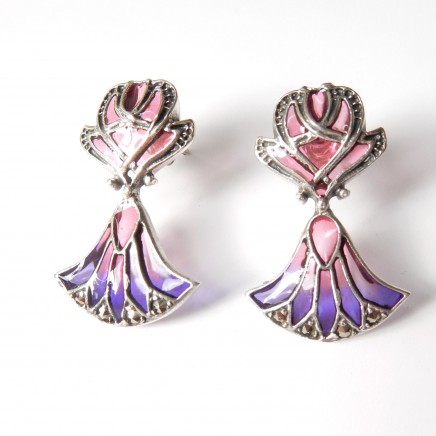 Photo of Pink Plique a Jour Enamel Marcasite Delicate Droplet Earrings Sterling Silver
