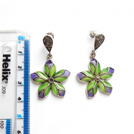 Photo of Plique a Jour Enamel Marcasite Flower Delicate Droplet Earrings Sterling Silver