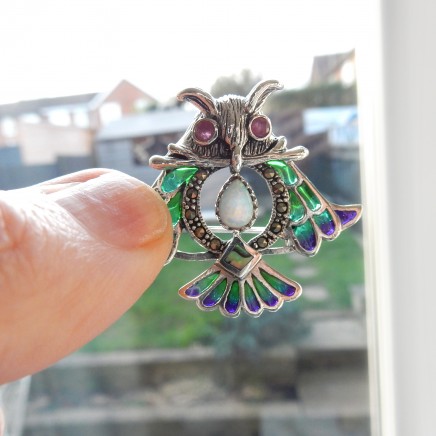 Photo of Plique a Jour Enamel Opal Ruby Owl Brooch Pendant Sterling Silver