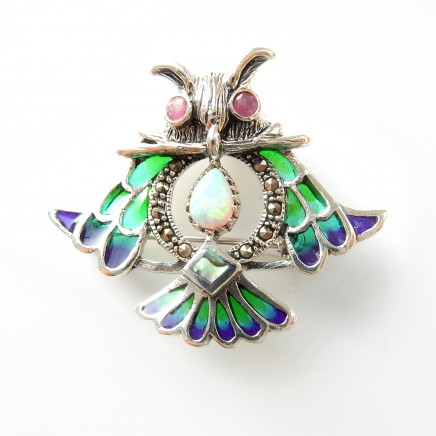Photo of Plique a Jour Enamel Opal Ruby Owl Brooch Pendant Sterling Silver