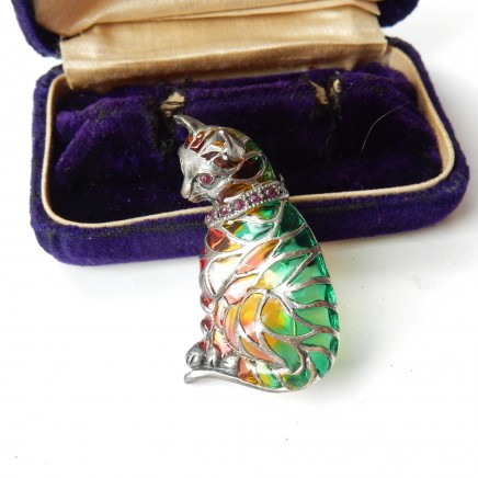 Photo of Plique a Jour Enamel Ruby Cat Pendant Brooch Sterling Silver