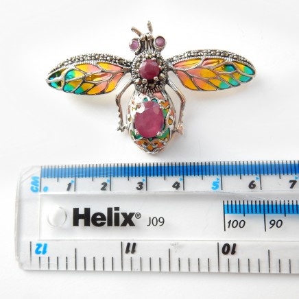 Photo of Plique a Jour Enamel Ruby Marcasite Bug Brooch Pendant Sterling Silver