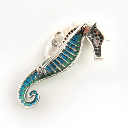 Photo of Plique a Jour Enamel Ruby Sea Horse Brooch Pendant Fine Sterling Silver Jewelery