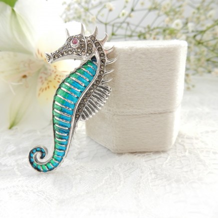 Photo of Plique a Jour Enamel Ruby Sea Horse Brooch Pendant Fine Sterling Silver Jewelery