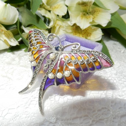 Photo of Plique a Jour Enamel Seed Pearl Butterfly Brooch Pendant Sterling Silver
