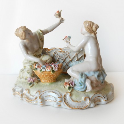 Photo of Porcelain Dresden Ladies Picking Gold Flowers Trinket Figurine