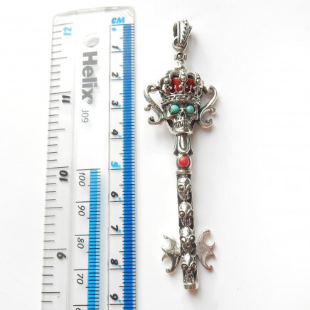 Photo of Real Coral Turquoise Skull Key Pendant Sterling Silver