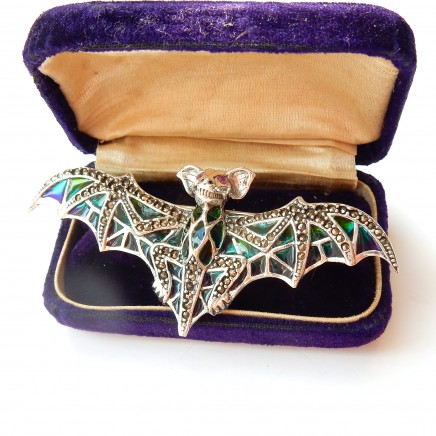 Photo of Ruby Plique a Jour Enamel Gothic Bat Brooch Sterling Silver
