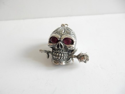 Photo of Silver Ruby Skull with Rose Pendant