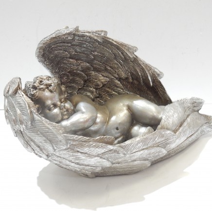 Photo of Silver Sleeping Cherub Angel Wings Figure Ornament