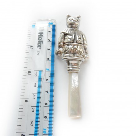 Photo of Solid Silver & Pearl Cat Nursey Rhyme Baby Rattle Christening Gift