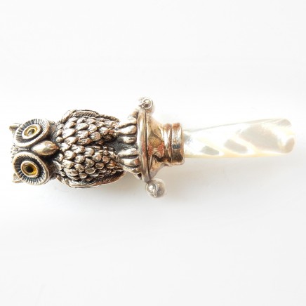 Photo of Solid Silver Pearl Owl Baby Rattle Christening Gift