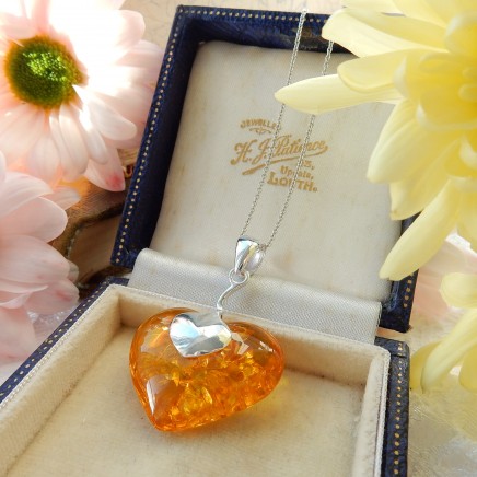 Photo of Sterling Silver Amber Heart Drop Necklace