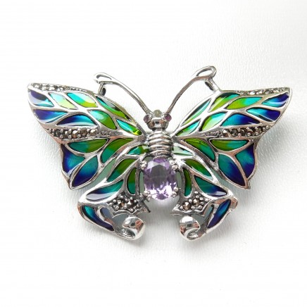 Photo of Sterling Silver Amethyst Glass Butterfly Plique a Jour Enamel Brooch