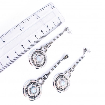Photo of Sterling Silver Art Deco style Opal Marcasite Pendant with Earring Set