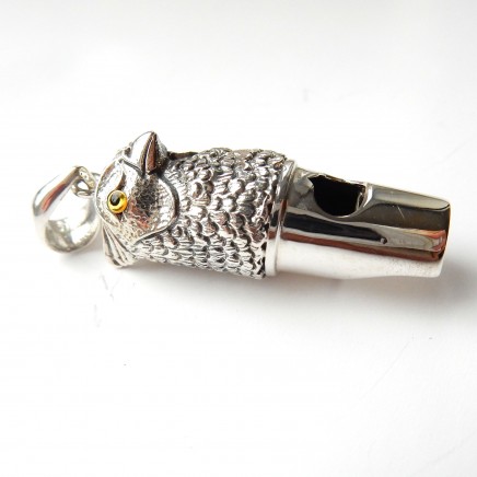 GLASS EYES STERLING SILVER CHASED OWL WHISTLE/PENDANT 