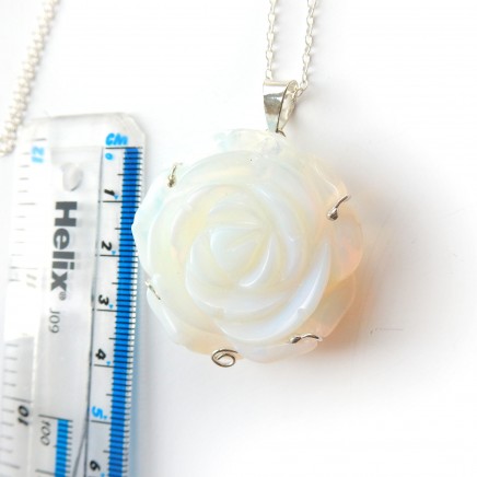 Photo of Sterling Silver Carved Opalescent Moon Glow Glass Flower Pendant Necklace