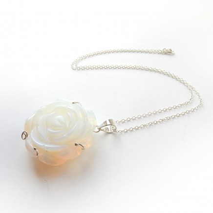 Photo of Sterling Silver Carved Opalescent Moon Glow Glass Flower Pendant Necklace