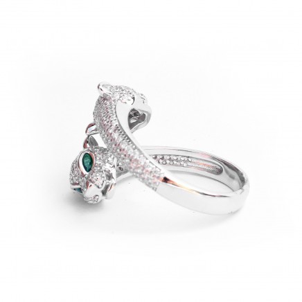 Photo of Sterling Silver Double Head Panther Cat Ring with Emerald Paste Eyes