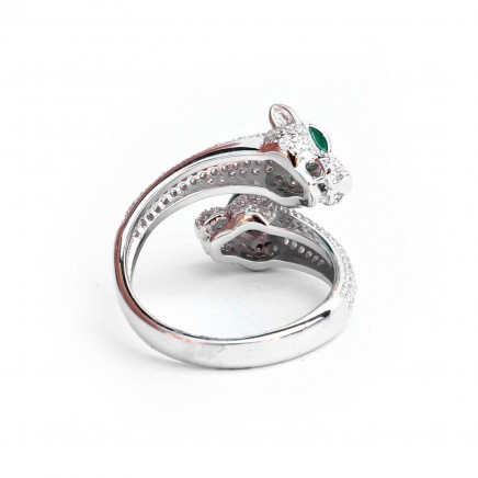 Photo of Sterling Silver Double Head Panther Cat Ring with Emerald Paste Eyes