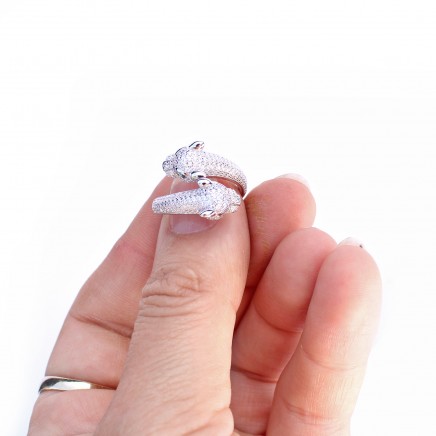 Photo of Sterling Silver Double Head Panther Cat Ring with Emerald Paste Eyes