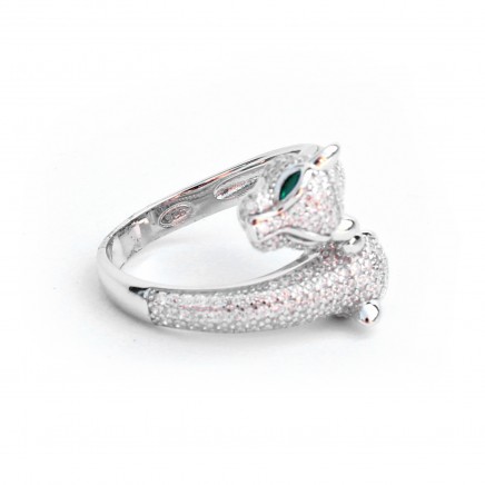 Photo of Sterling Silver Double Head Panther Cat Ring with Emerald Paste Eyes